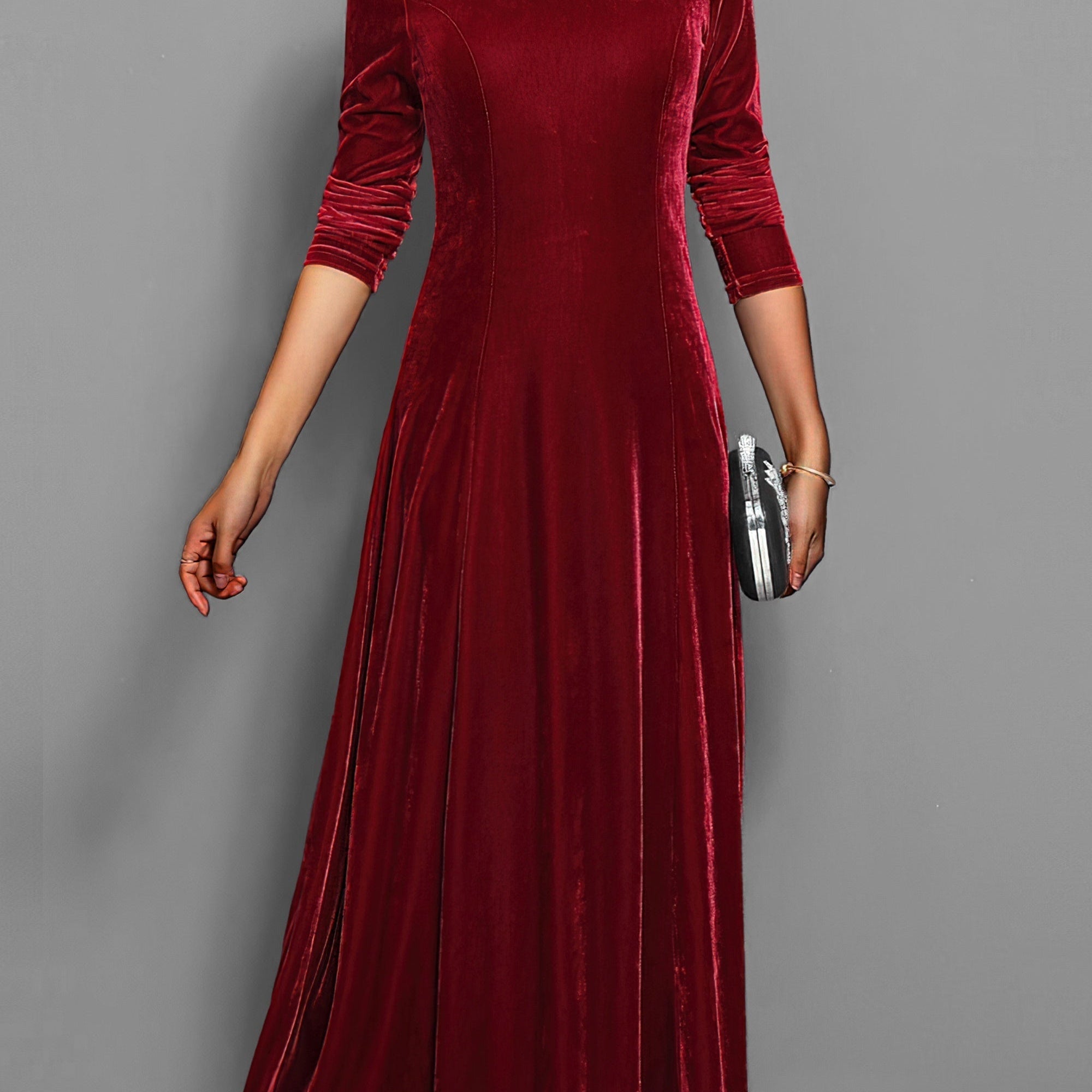 Robe habillée décontractée unie élégante mi-longue à col rond et manches longues pour femme | Idéale pour l'automne