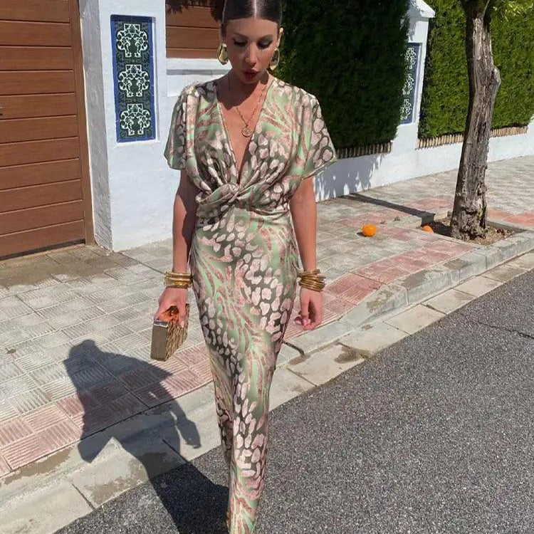 Robe midi élégante en satin à fleurs pour femme - Col en V, manches courtes, plissée