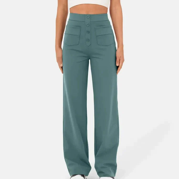 Pantalon large pour femme - Taille haute - Bouton - Coupe décontractée - Longueur classique