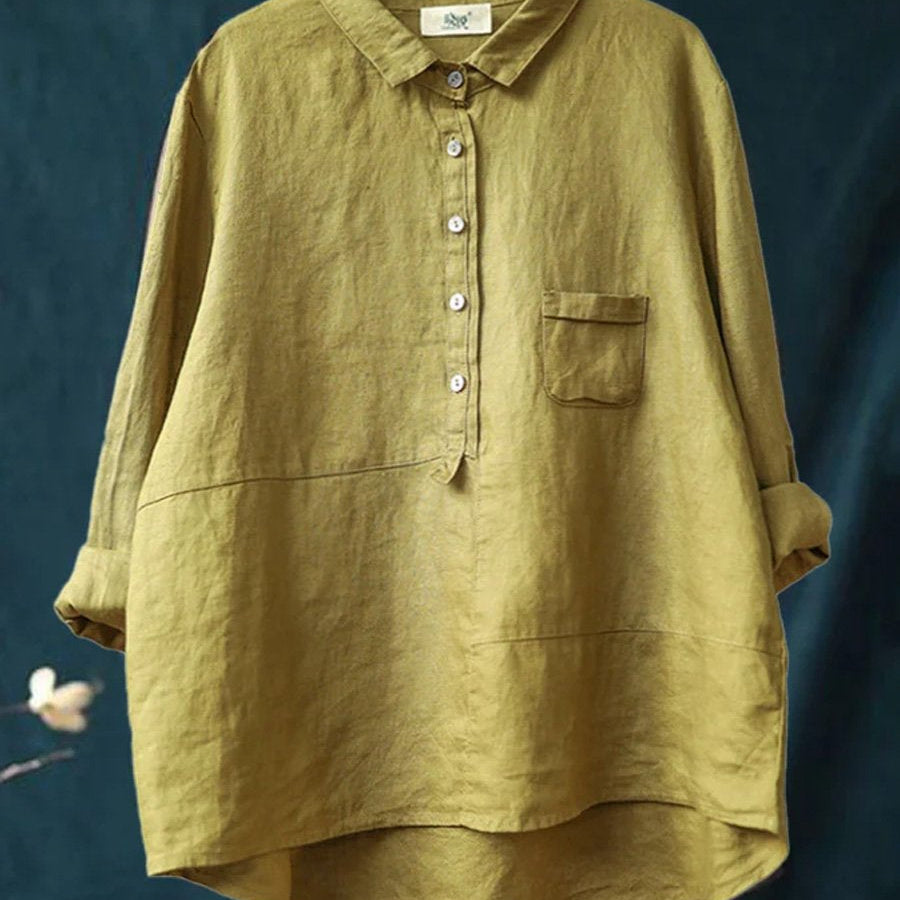 Chemise à manches longues décontractée pour femme en coton et lin uni à revers