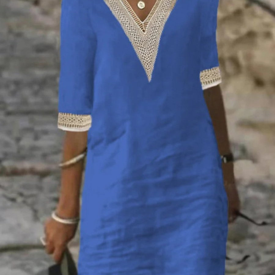 Robe décontractée pour femme - Mélange de lin - Col en V bordé de dentelle - Coupe ample - Manches 3/4