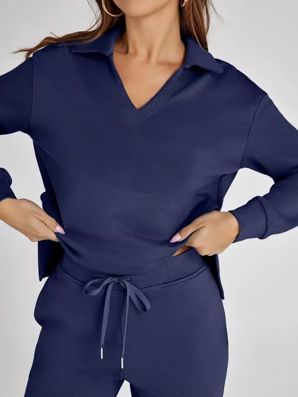 Ensemble deux pièces femme Sweat sport col V et pantalon large taille élastique | Idéal pour l'automne/hiver