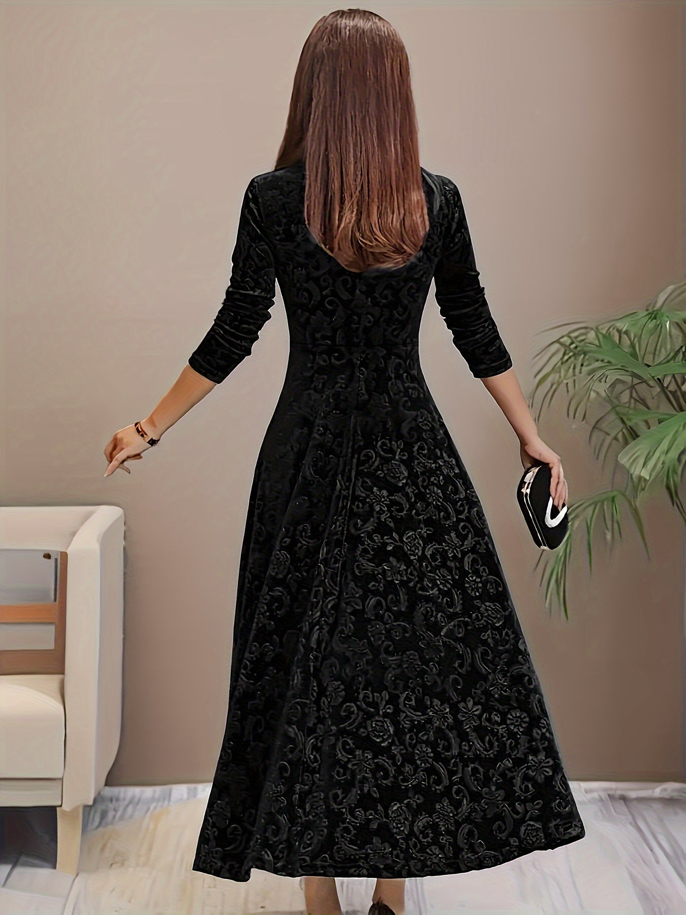 Robe de soirée en velours à col carré et motif floral en coton élégant pour femme | Idéale en toute saison