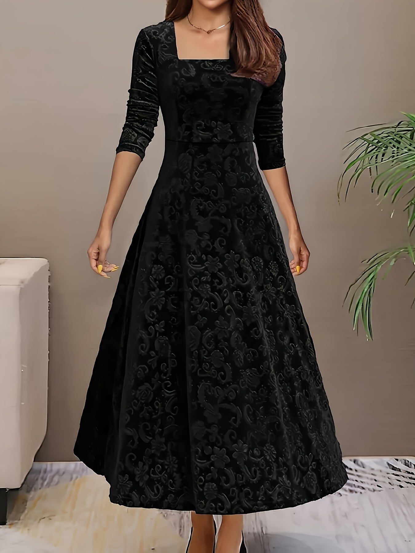 Robe de soirée en velours à col carré et motif floral en coton élégant pour femme | Idéale en toute saison