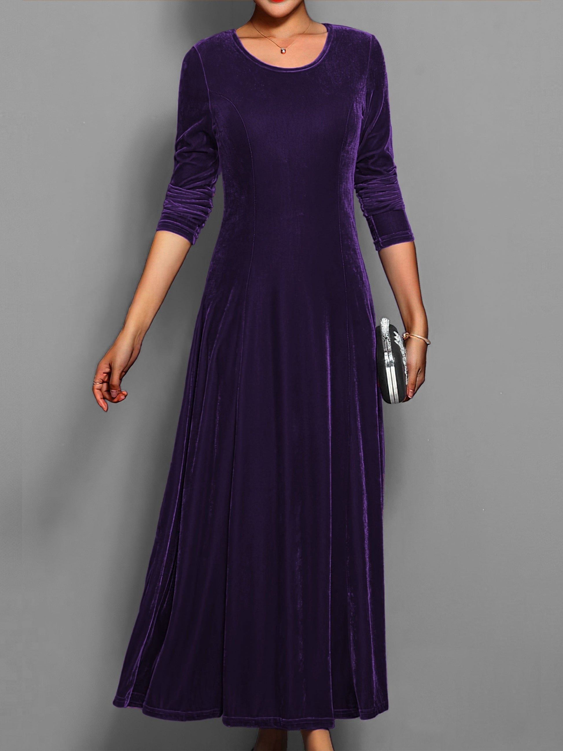 Robe habillée décontractée unie élégante mi-longue à col rond et manches longues pour femme | Idéale pour l'automne