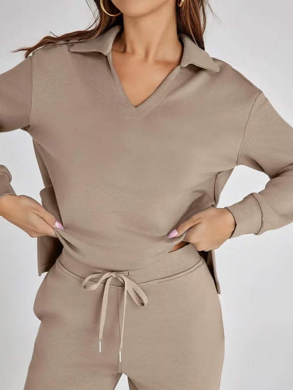 Ensemble deux pièces femme Sweat sport col V et pantalon large taille élastique | Idéal pour l'automne/hiver