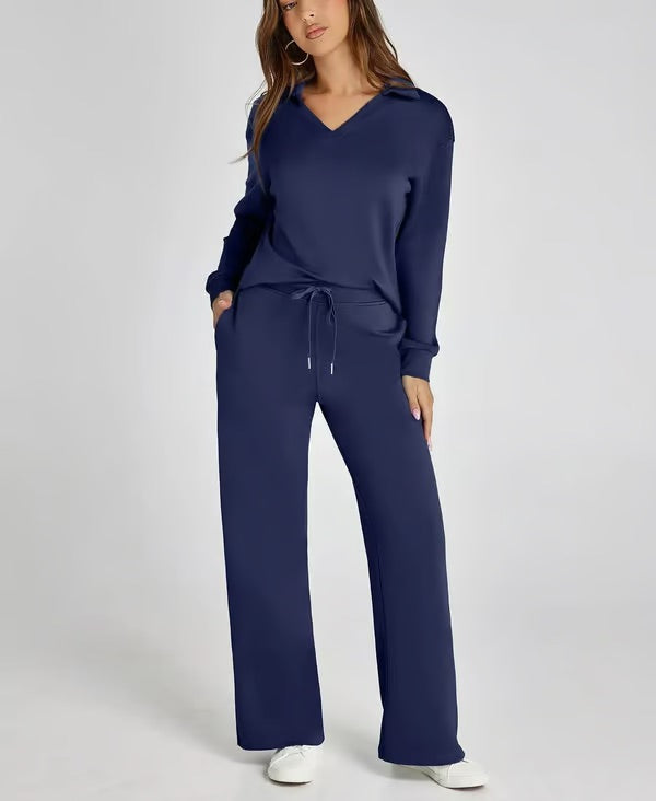 Ensemble deux pièces femme Sweat sport col V et pantalon large taille élastique | Idéal pour l'automne/hiver