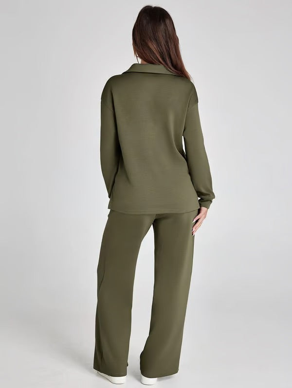 Ensemble deux pièces femme Sweat sport col V et pantalon large taille élastique | Idéal pour l'automne/hiver