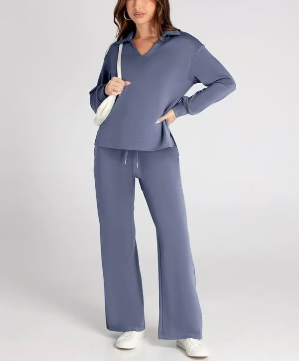 Ensemble deux pièces femme Sweat sport col V et pantalon large taille élastique | Idéal pour l'automne/hiver