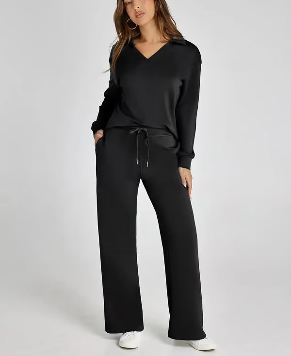 Ensemble deux pièces femme Sweat sport col V et pantalon large taille élastique | Idéal pour l'automne/hiver