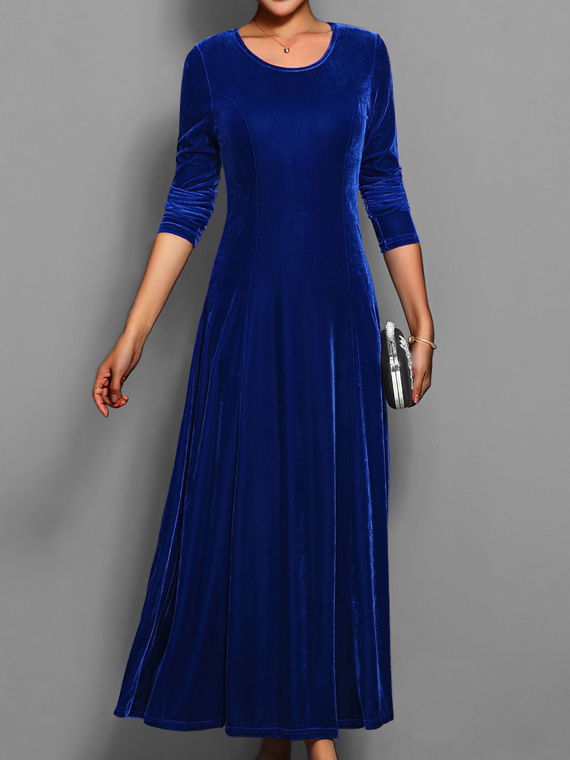 Robe habillée décontractée unie élégante mi-longue à col rond et manches longues pour femme | Idéale pour l'automne