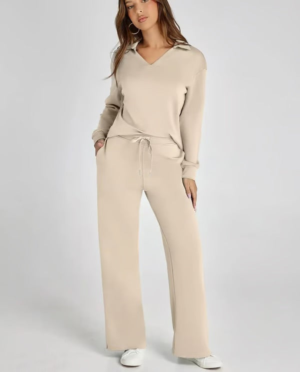 Ensemble deux pièces femme Sweat sport col V et pantalon large taille élastique | Idéal pour l'automne/hiver