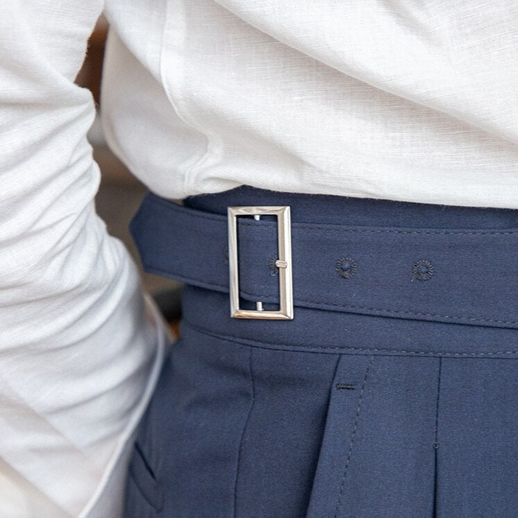 Pantalon taille haute pour homme - Coupe ajustée - Devant plissé - Boucle latérale réglable