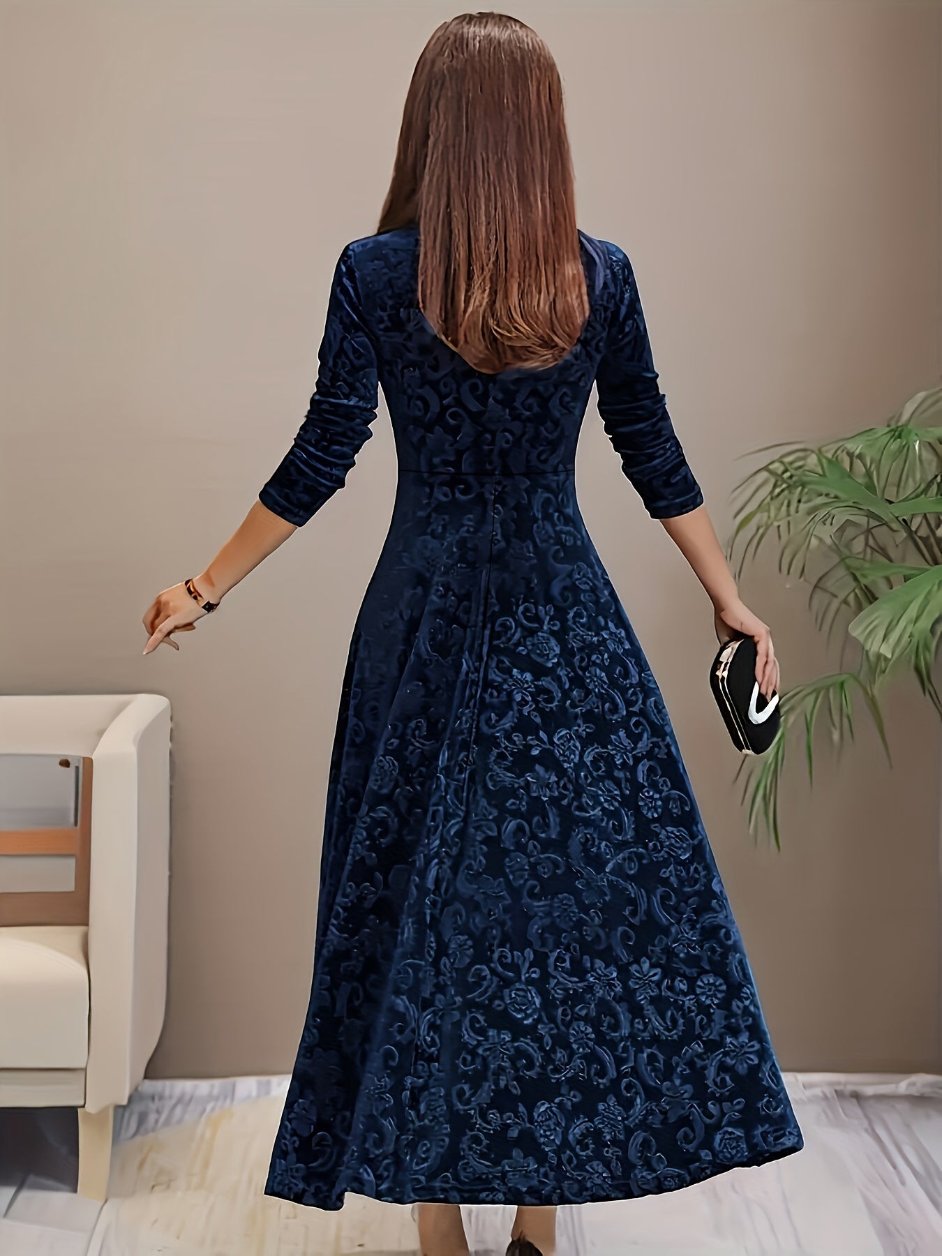 Robe de soirée en velours à col carré et motif floral en coton élégant pour femme | Idéale en toute saison