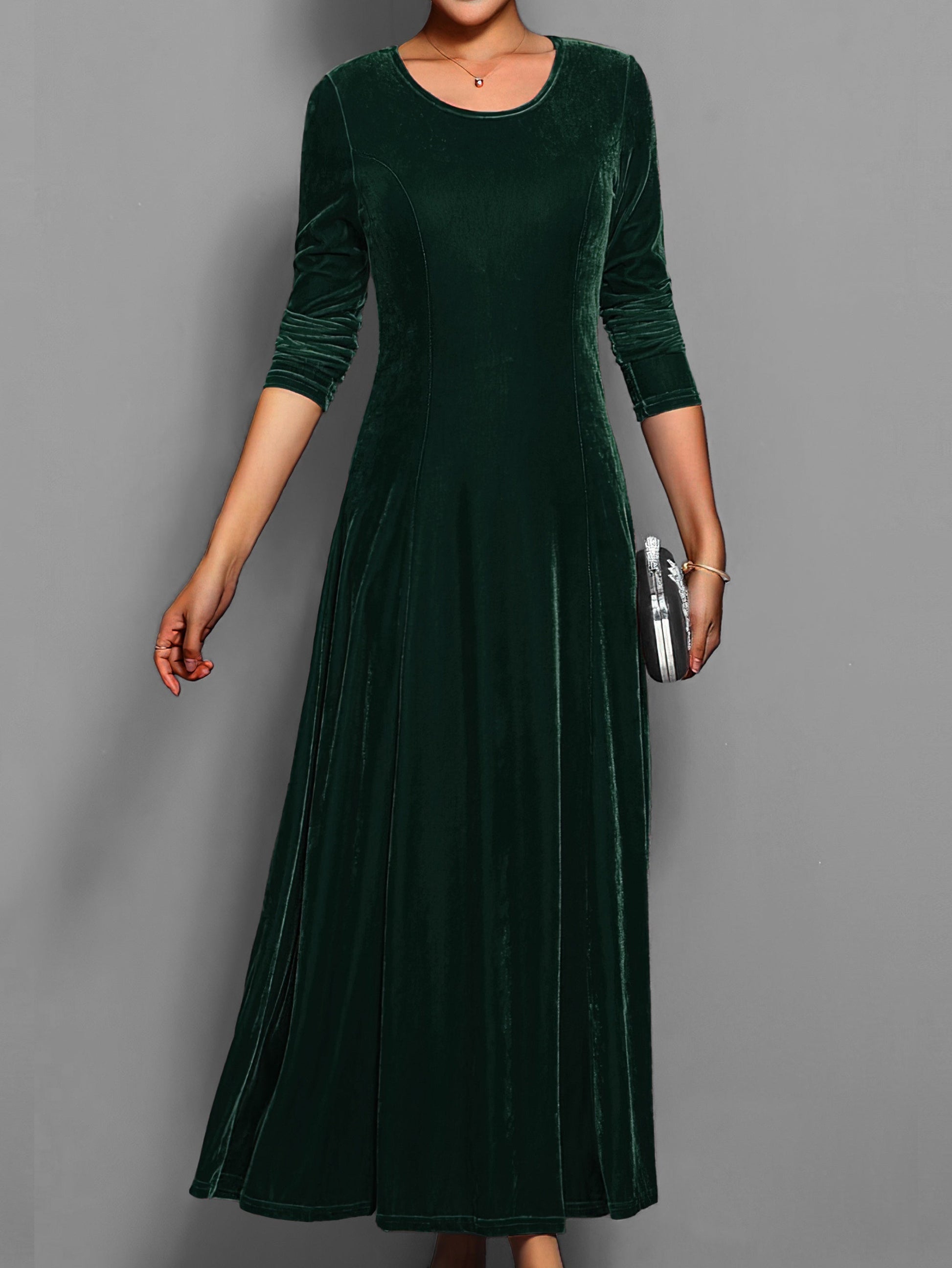 Robe habillée décontractée unie élégante mi-longue à col rond et manches longues pour femme | Idéale pour l'automne