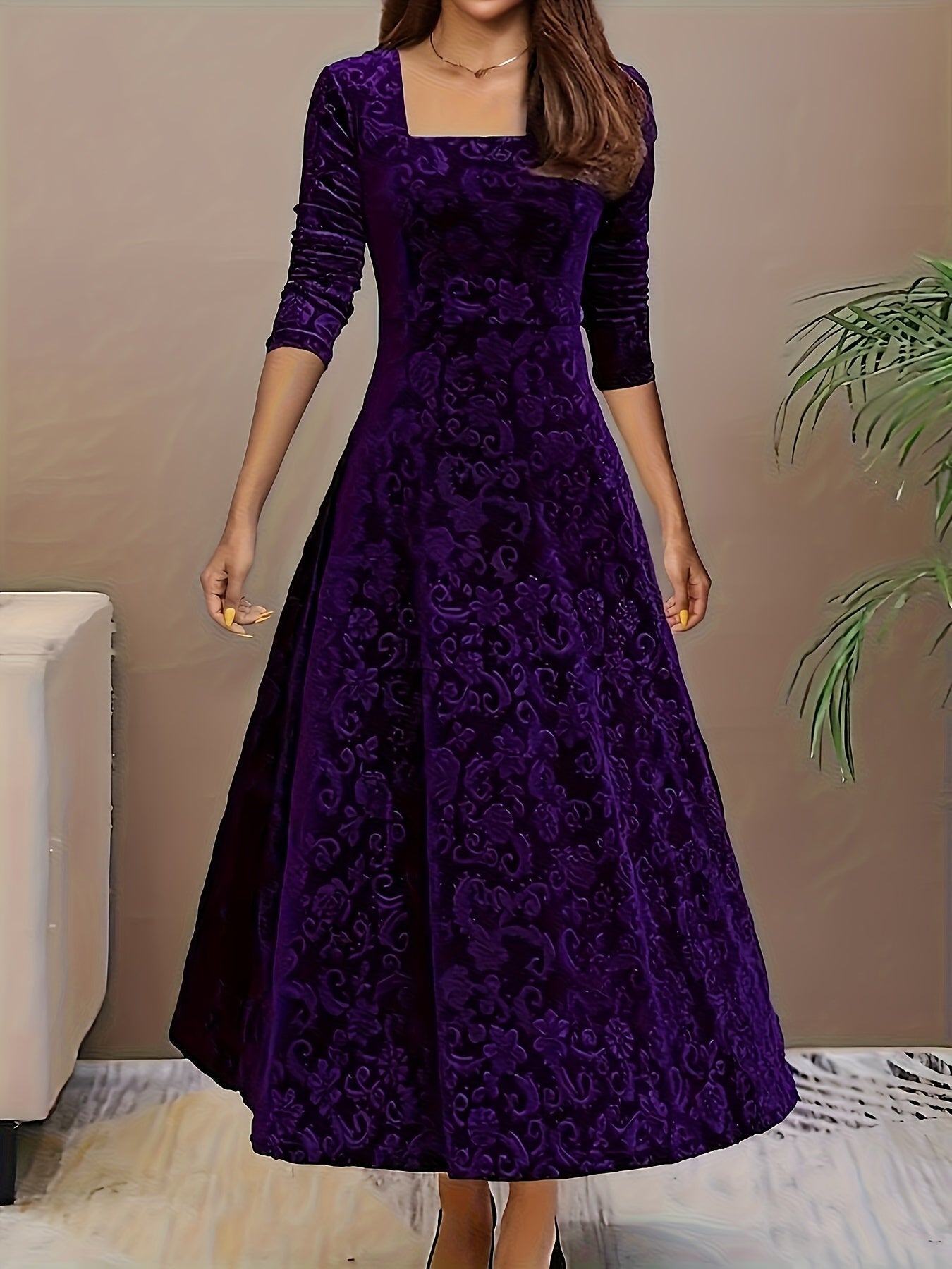 Robe de soirée en velours à col carré et motif floral en coton élégant pour femme | Idéale en toute saison