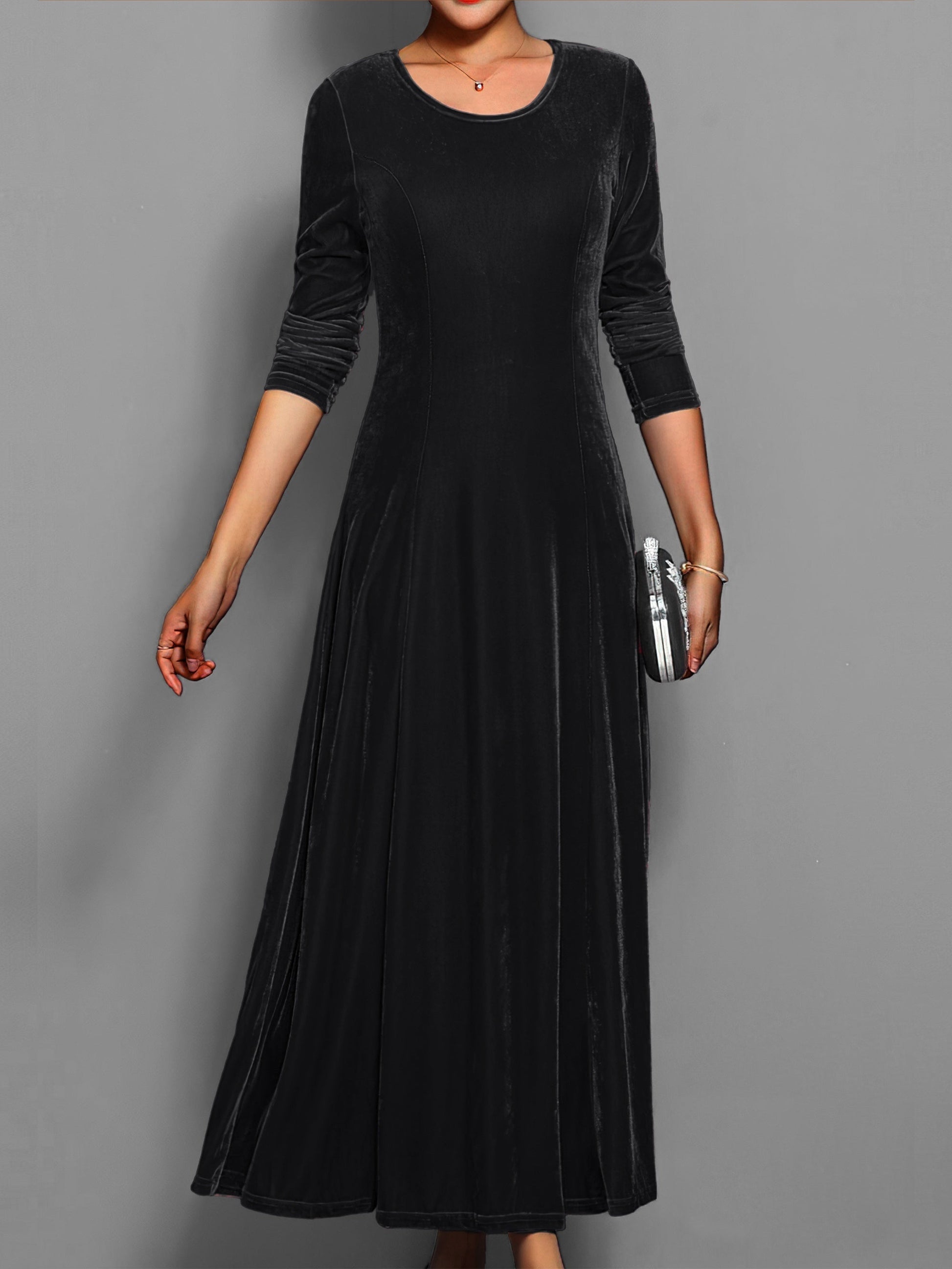 Robe habillée décontractée unie élégante mi-longue à col rond et manches longues pour femme | Idéale pour l'automne