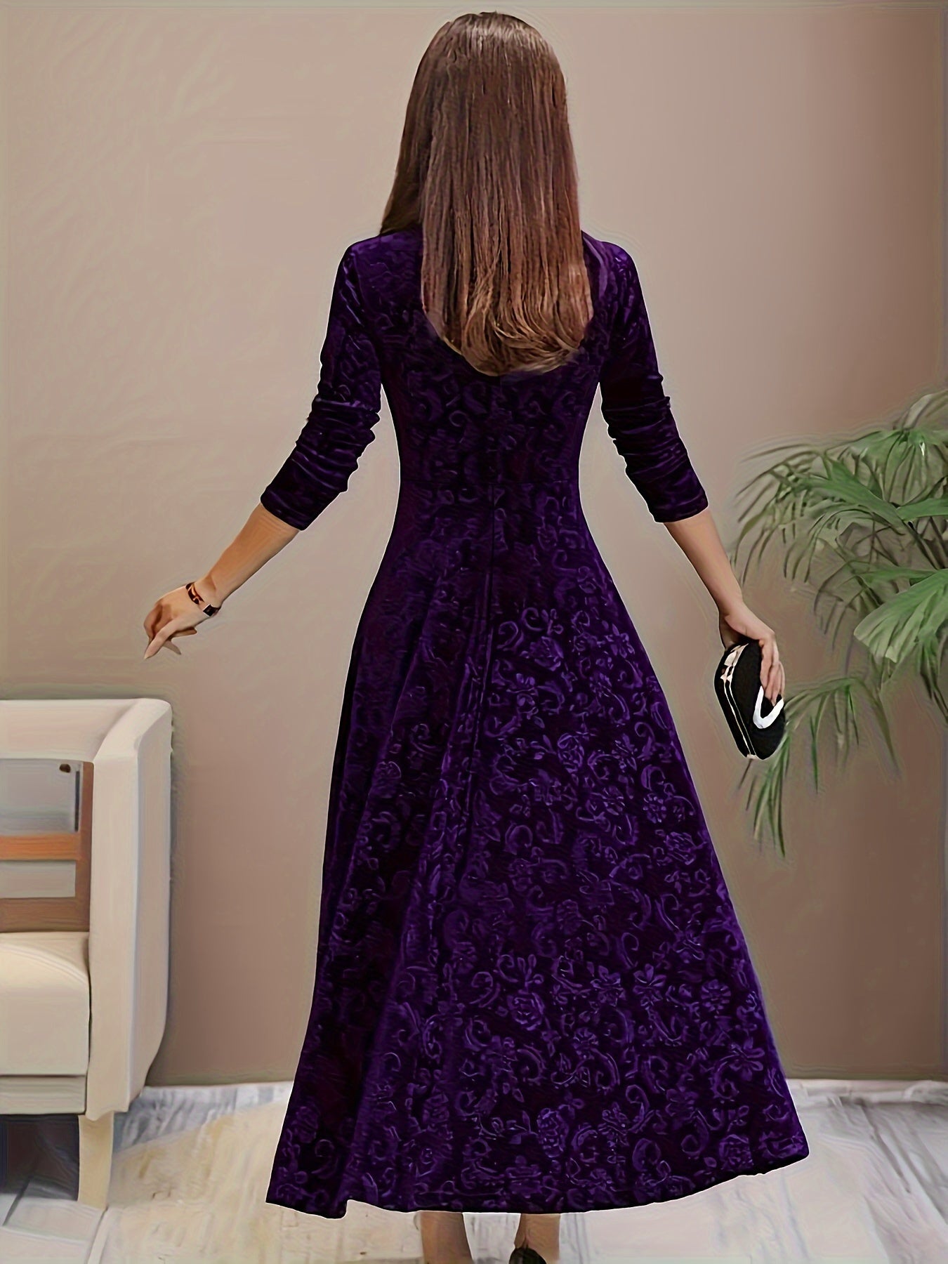 Robe de soirée en velours à col carré et motif floral en coton élégant pour femme | Idéale en toute saison