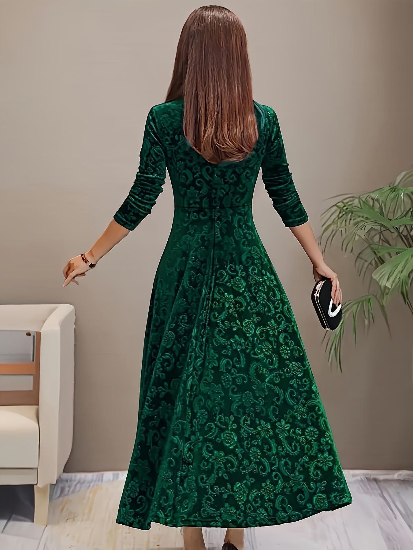 Robe de soirée en velours à col carré et motif floral en coton élégant pour femme | Idéale en toute saison