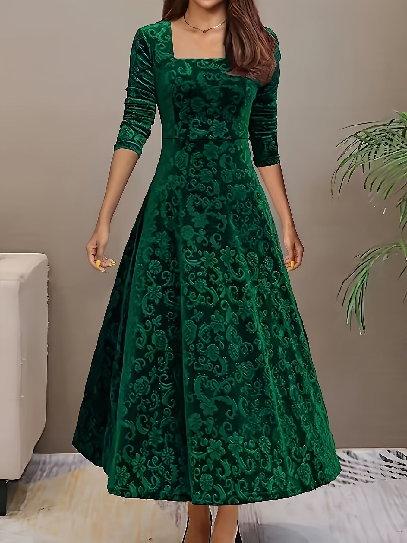 Robe de soirée en velours à col carré et motif floral en coton élégant pour femme | Idéale en toute saison