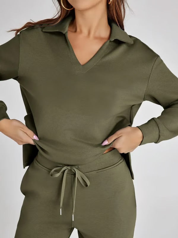 Ensemble deux pièces femme Sweat sport col V et pantalon large taille élastique | Idéal pour l'automne/hiver