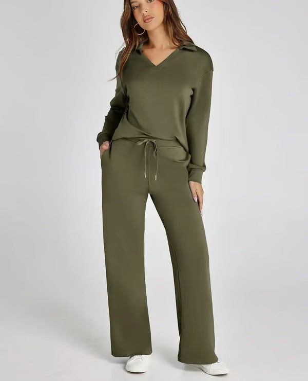 Ensemble deux pièces femme Sweat sport col V et pantalon large taille élastique | Idéal pour l'automne/hiver