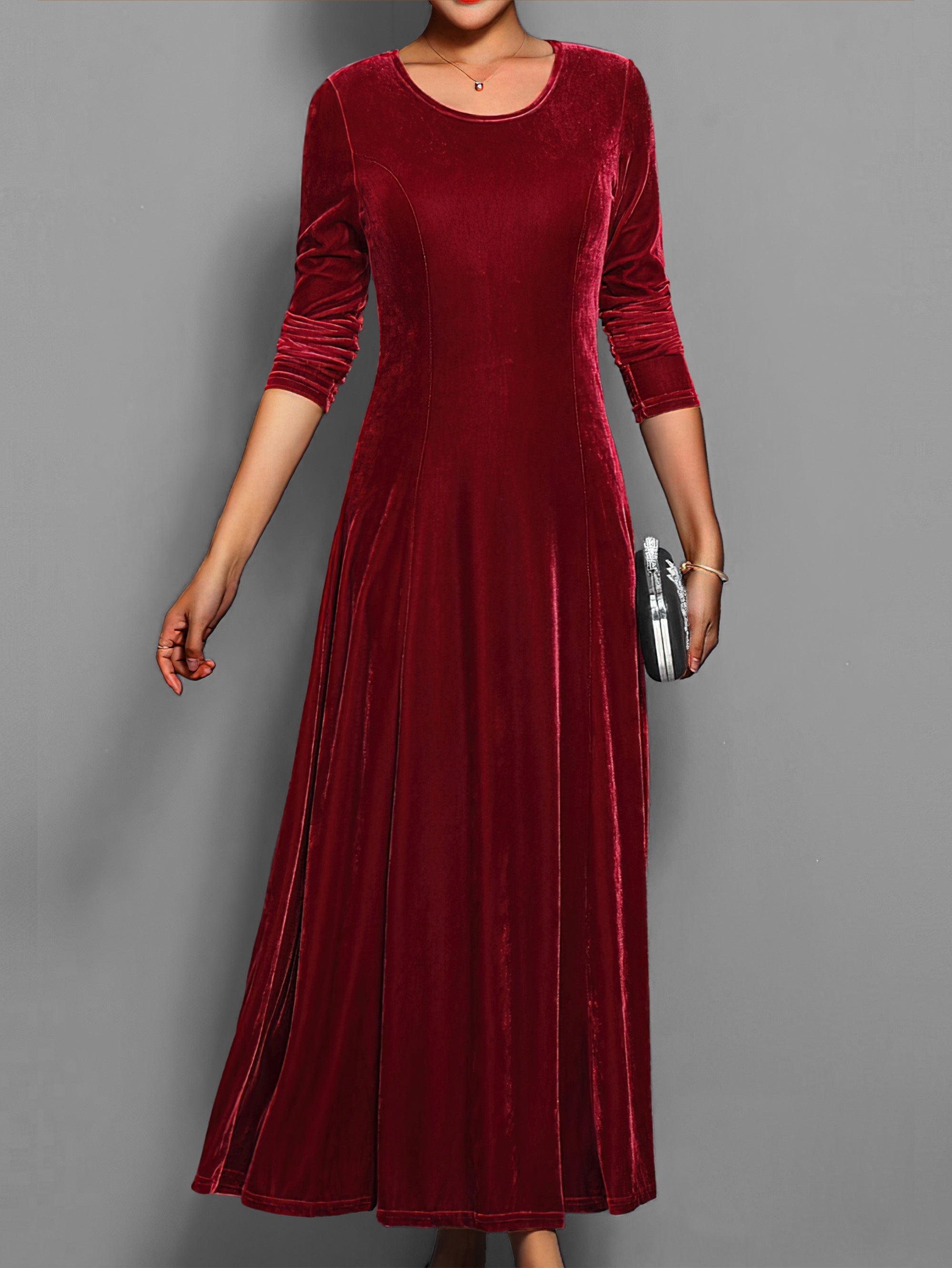 Robe habillée décontractée unie élégante mi-longue à col rond et manches longues pour femme | Idéale pour l'automne