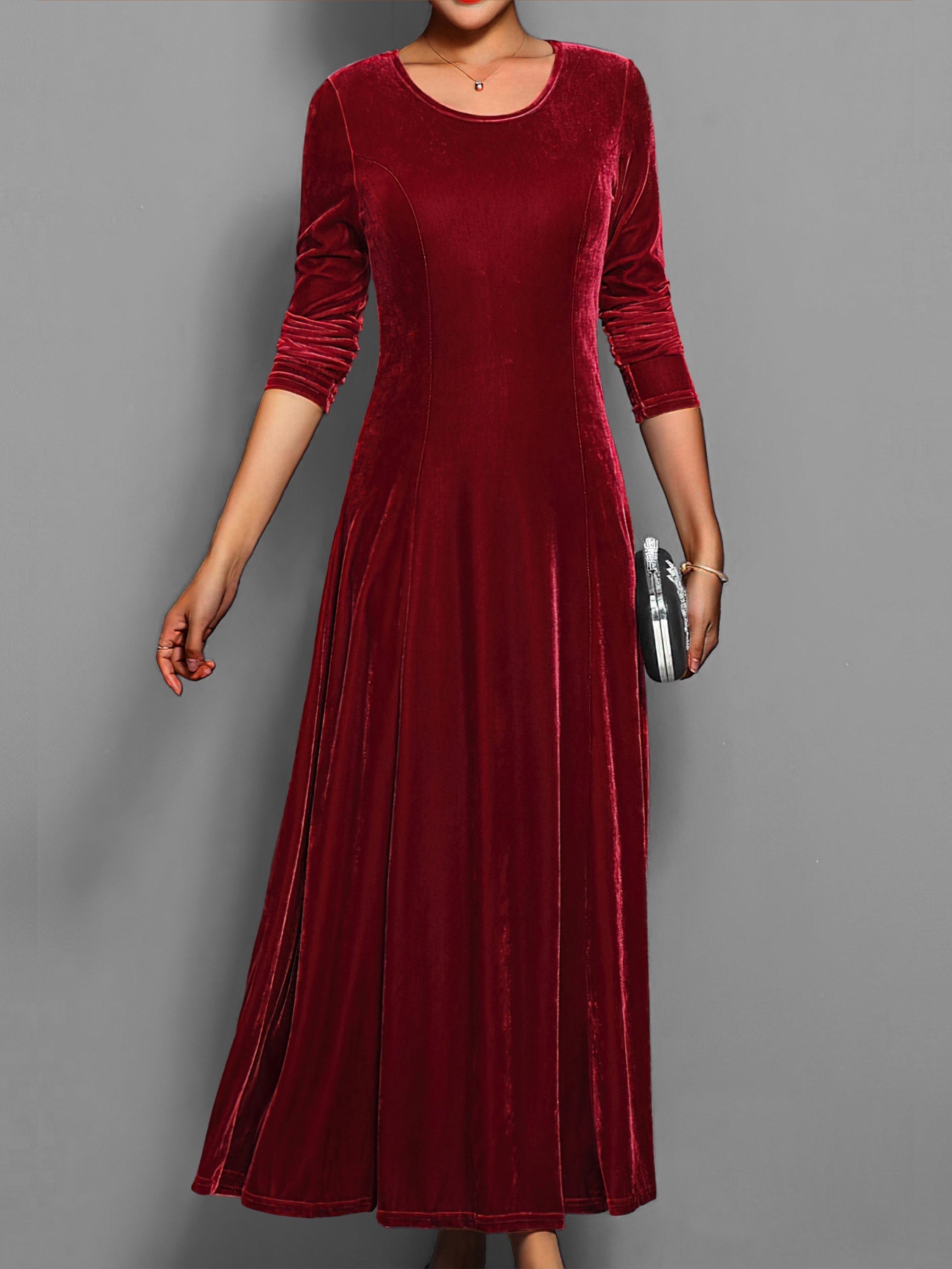 Robe habillée décontractée unie élégante mi-longue à col rond et manches longues pour femme | Idéale pour l'automne