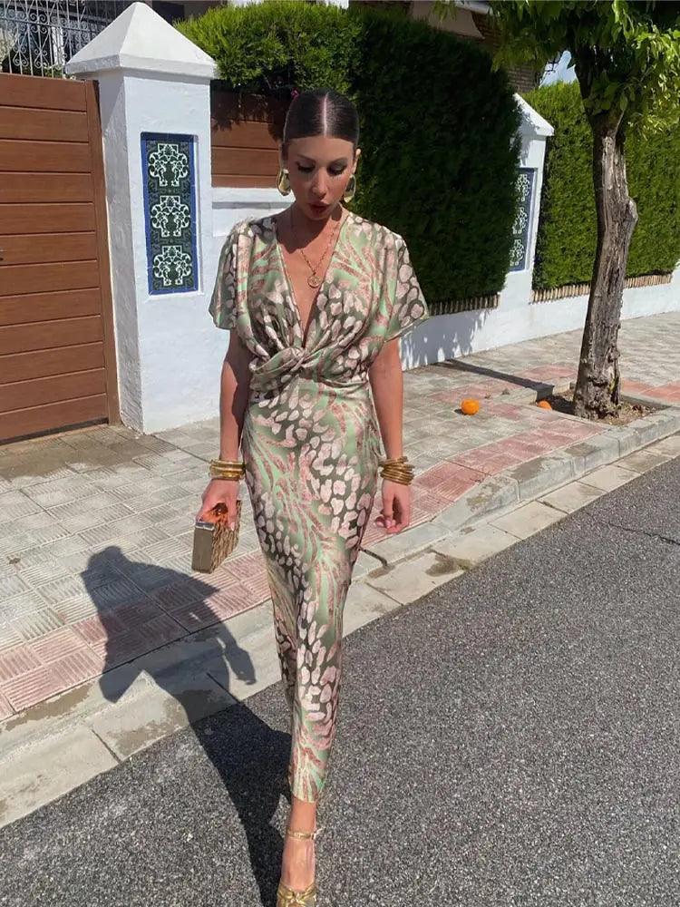 Robe midi élégante en satin à fleurs pour femme - Col en V, manches courtes, plissée