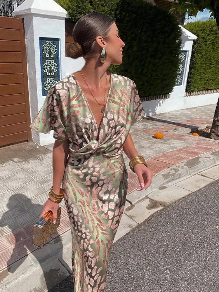 Robe midi élégante en satin à fleurs pour femme - Col en V, manches courtes, plissée