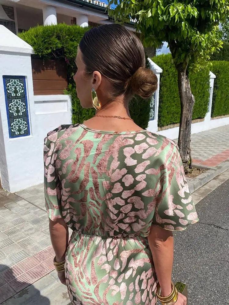 Robe midi élégante en satin à fleurs pour femme - Col en V, manches courtes, plissée