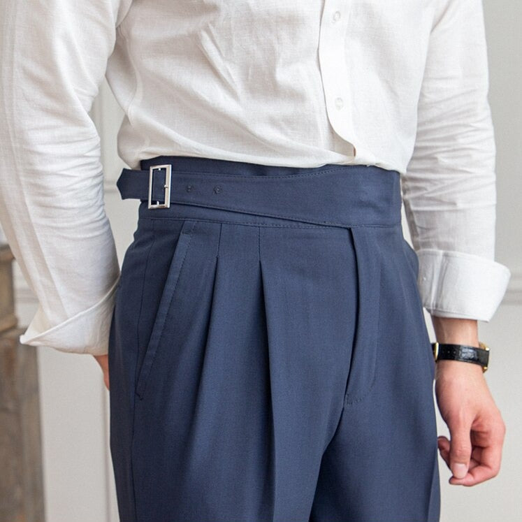 Pantalon taille haute pour homme - Coupe ajustée - Devant plissé - Boucle latérale réglable