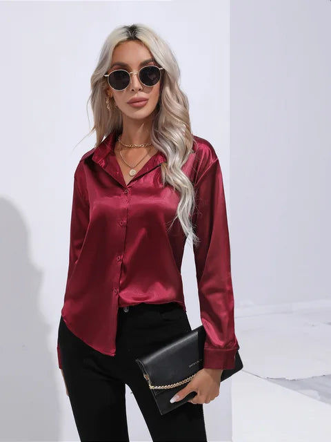 Élégante blouse ample en satin à manches longues pour femme