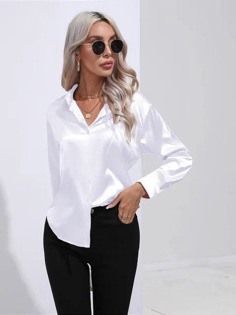 Élégante blouse ample en satin à manches longues pour femme