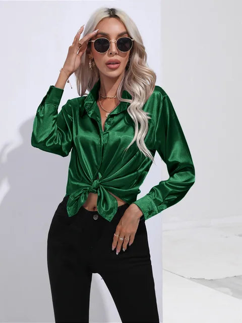 Élégante blouse ample en satin à manches longues pour femme