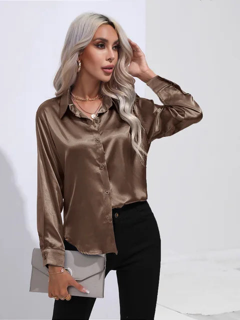 Élégante blouse ample en satin à manches longues pour femme