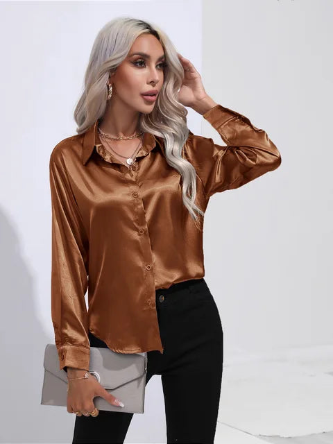 Élégante blouse ample en satin à manches longues pour femme