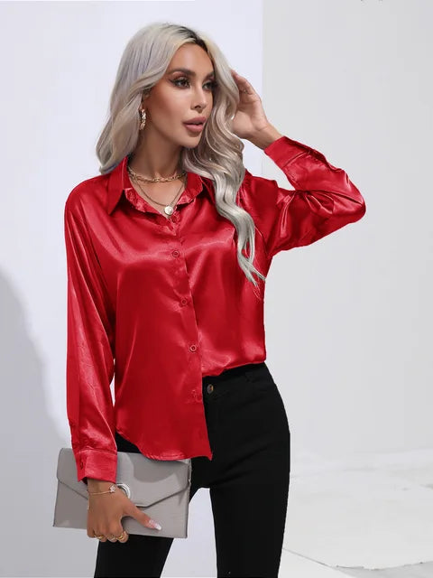 Élégante blouse ample en satin à manches longues pour femme
