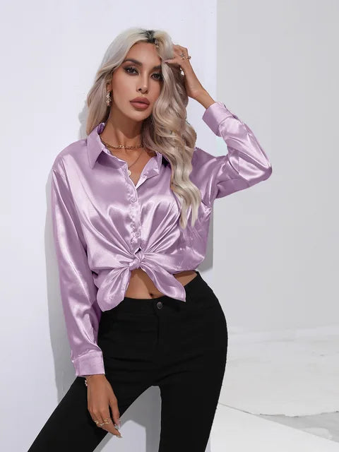 Élégante blouse ample en satin à manches longues pour femme