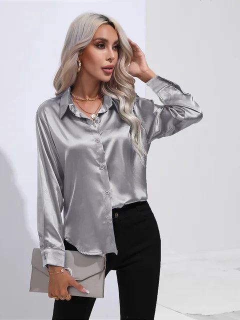 Élégante blouse ample en satin à manches longues pour femme