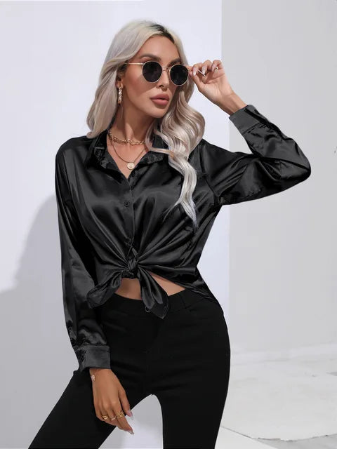 Élégante blouse ample en satin à manches longues pour femme