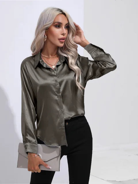 Élégante blouse ample en satin à manches longues pour femme