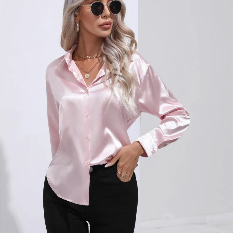 Élégante blouse ample en satin à manches longues pour femme