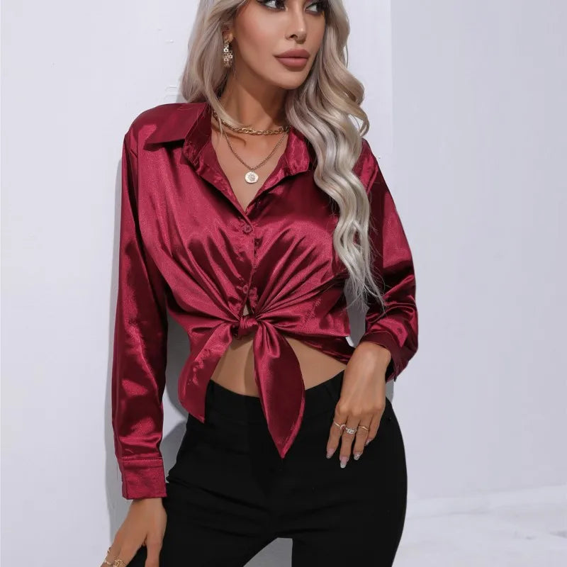 Élégante blouse ample en satin à manches longues pour femme