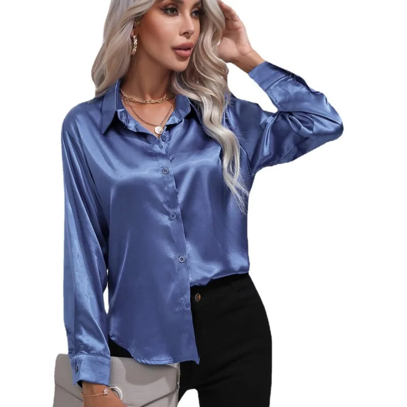 Élégante blouse ample en satin à manches longues pour femme