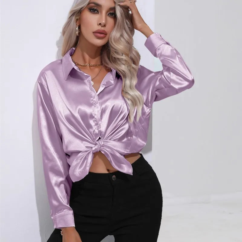 Élégante blouse ample en satin à manches longues pour femme