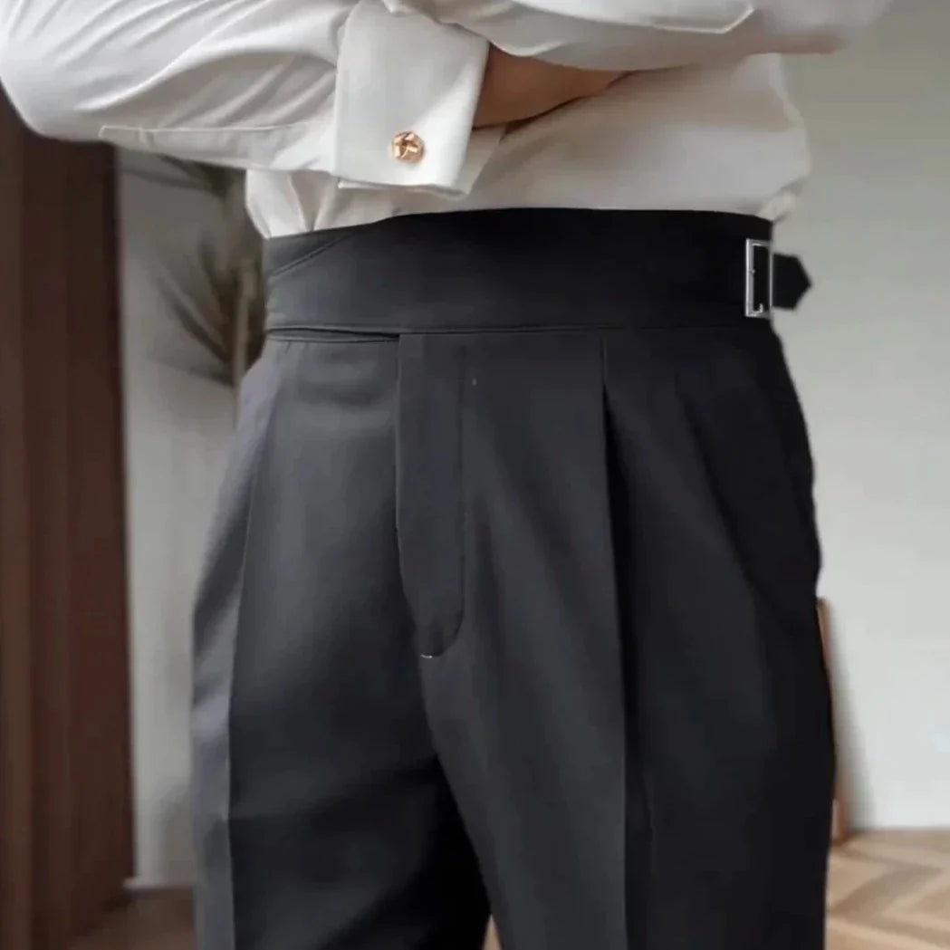 Pantalon taille haute pour homme - Coupe ajustée - Devant plissé - Boucle latérale réglable