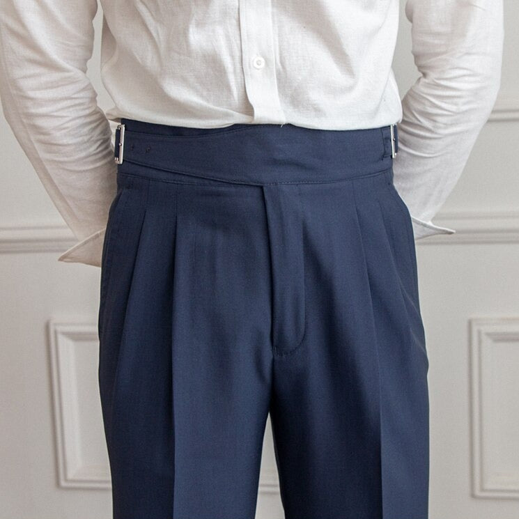Pantalon taille haute pour homme - Coupe ajustée - Devant plissé - Boucle latérale réglable