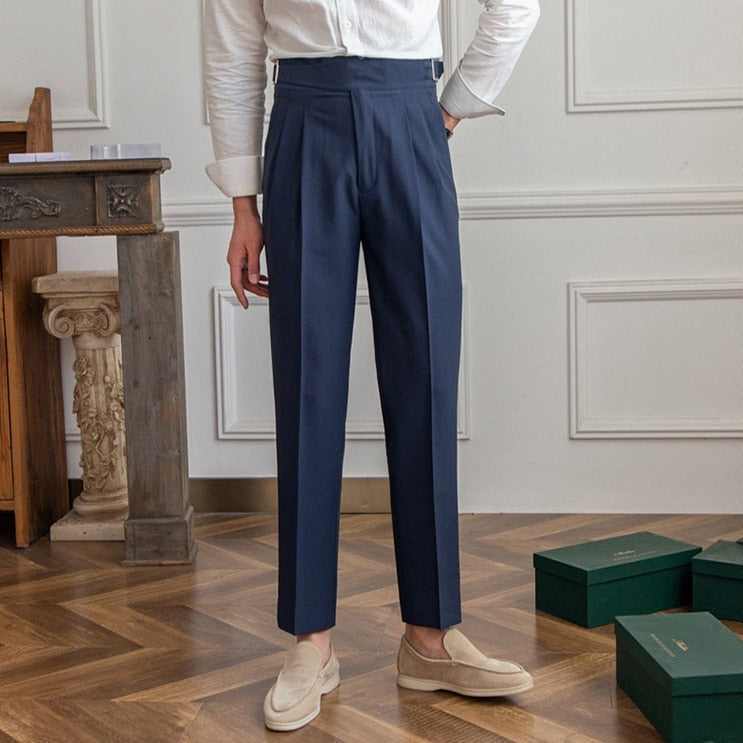 Pantalon taille haute pour homme - Coupe ajustée - Devant plissé - Boucle latérale réglable