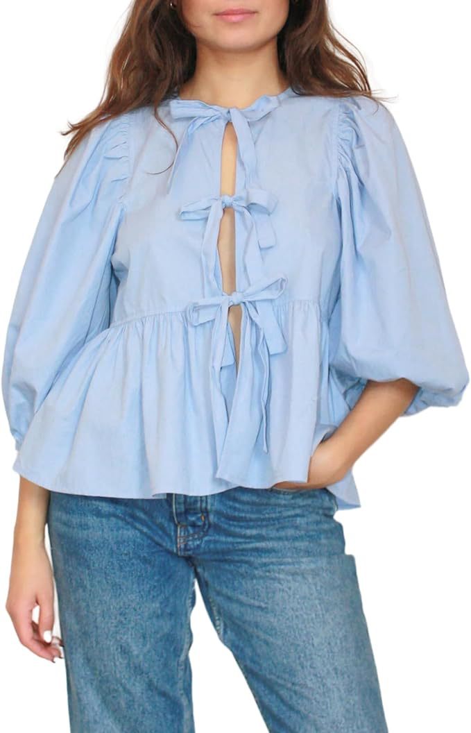 Blouse femme à manches bouffantes et nœud